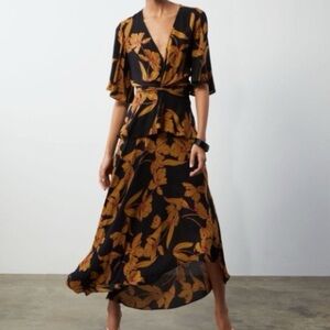 ALC Zadie Floral Peplum Handkerchief Dress Black and Brown/Tan Size 2